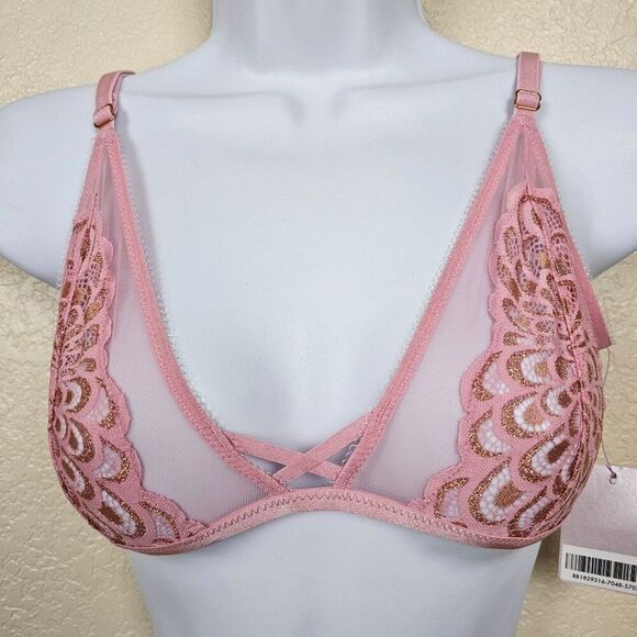 Savage X Fenty Bra Unlined Pink Metallic Gold Lace Mesh Wireless Women's S NWT - Picture 1 of 16